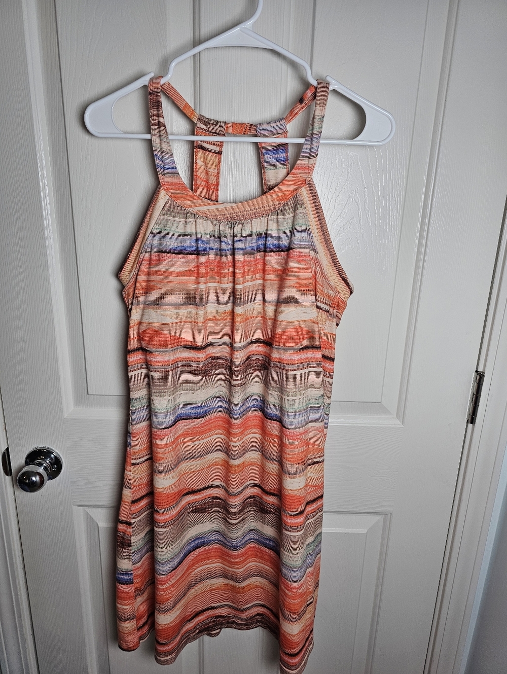 Prana Womens Racerback Quinn Dress Size L Orange Stripe Halter Stretch